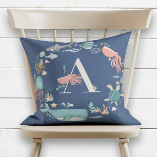 Blue Monogram Ocean Animals Alphabet Letter Cushion