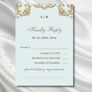 Blue Monogram Ornate Victorian Wedding RSVP Card 