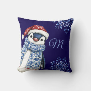 Blue Monogram Penguin Christmas Cushion
