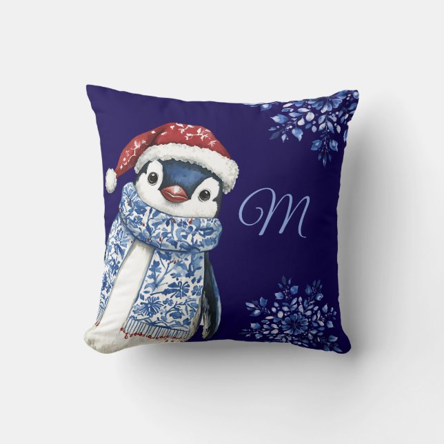 Blue Monogram Penguin Christmas Cushion (Front)