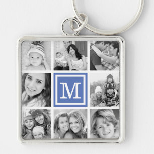 Blue Monogram Photo Collage Key Ring