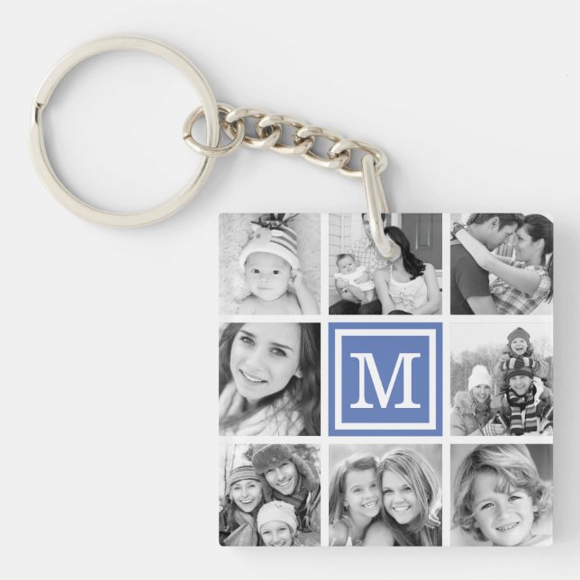 Blue Monogram Photo Collage Key Ring (Front)
