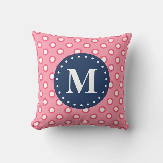 Blue Monogram Pink Polka Dots Pattern Cushion (Front)