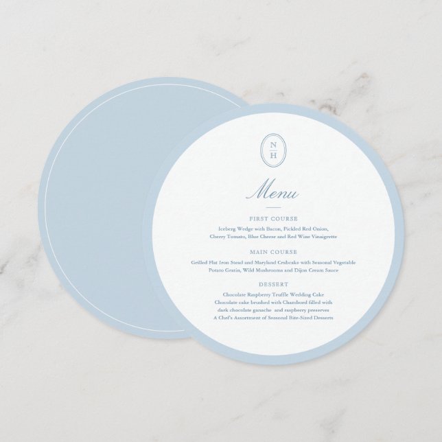 Blue Monogram Round Wedding Menu Card (Front/Back)