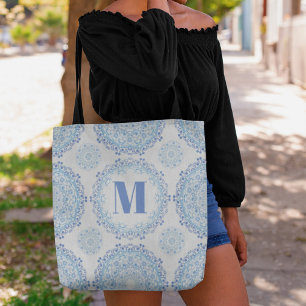 Blue Monogram Stylish Pattern Personalised Tote Bag