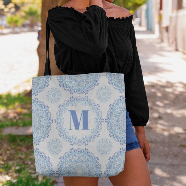 Blue Monogram Stylish Pattern Personalised  Tote Bag (Creator Uploaded)