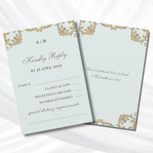 Blue Monogram Victorian Christian Wedding RSVP Card