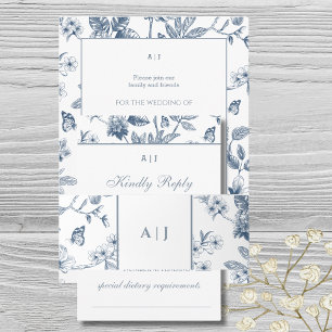 Blue Monogram Vintage Floral Chinoiserie Wedding Invitation Belly Band