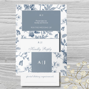 Blue Monogram Vintage Floral French Wedding Invitation Belly Band