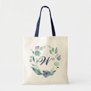 Blue Monogram Watercolor Floral Wreath Tote Bag