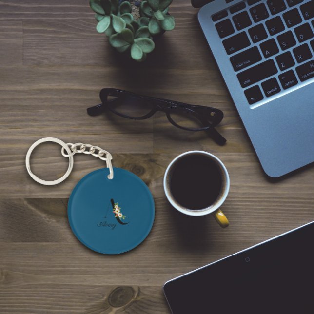 Blue monogram watercolor flowers Acrylic Keychain (Creator Uploaded)