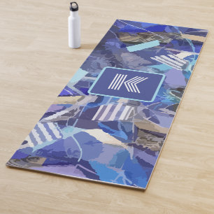 Blue monogram white grey abstract stripes nautical yoga mat