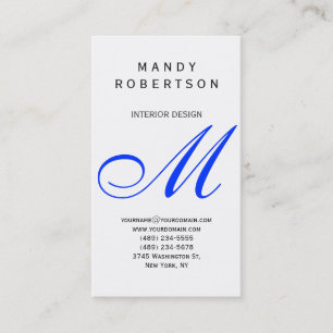 Blue Monogram White Interior Design Business Card