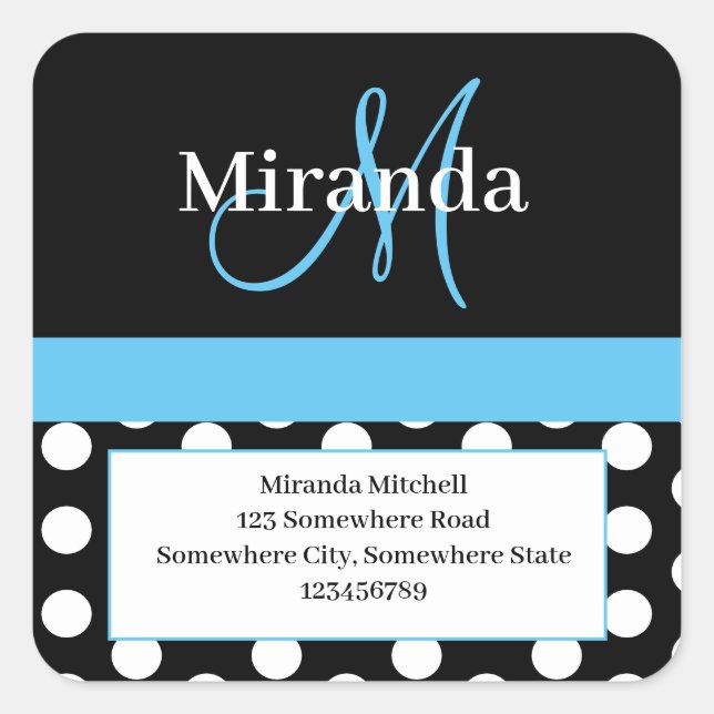 Blue Monogram White Polka Dot Return Address Square Sticker (Front)