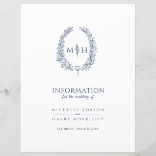 Blue monogram wreath wedding guest information