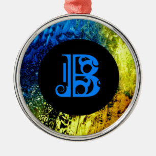Blue Monogramed B on Gold, Blue and Black Metal Ornament