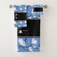 Blue Monogrammed Black and White Magnolia Flower