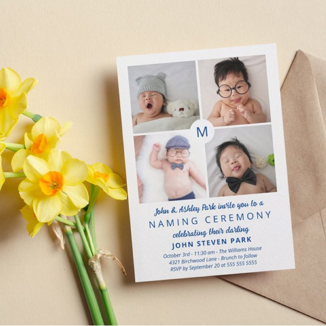 Blue Monogrammed Photo Collage Naming Ceremony Invitation (Creator Uploaded)