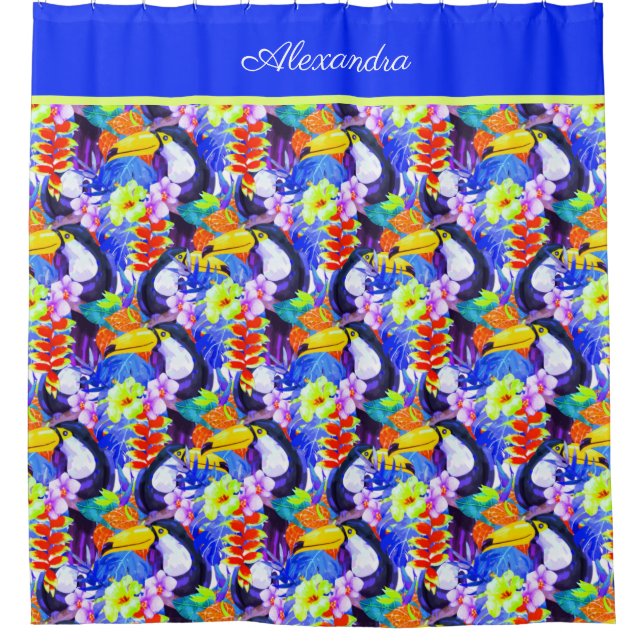 Blue Monogrammed Toucan bird tropical flowers Shower Curtain (Front)