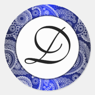 Blue Monogrammed White Lace Paisley Stickers