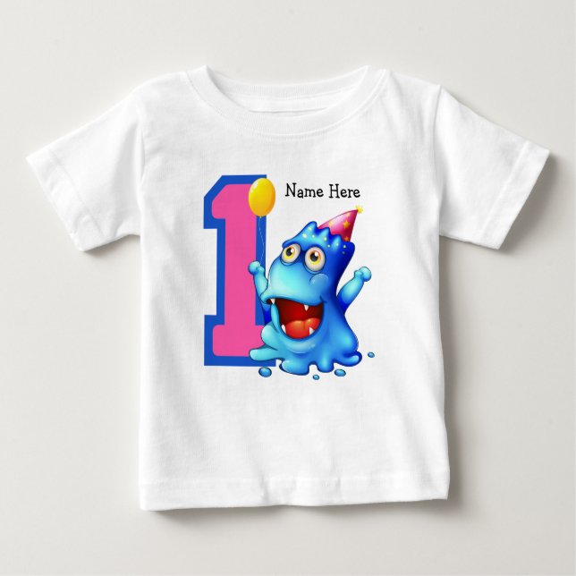 Blue Monster 1st Birthday Custom Baby T-Shirt (Front)