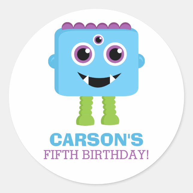 Blue Monster Birthday Custom Name Age Sticker (Front)