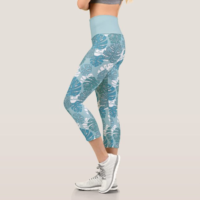 Blue Monster Leaves Plant Botanical Pattern Capri Leggings (Left)