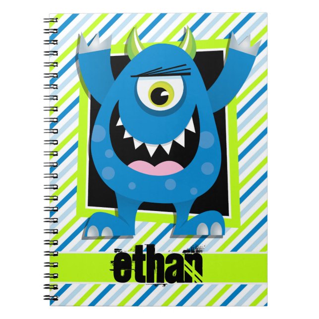 Blue Monster;  Neon Green, White Stripes Notebook (Front)