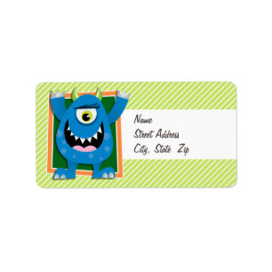 Blue Monster on Lime Green & White Stripes Label