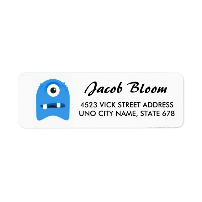 Blue monster on white return address label (Front)