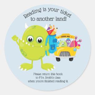 Blue Monster Schoolbus Classroom Teacher Book Classic Round Sticker