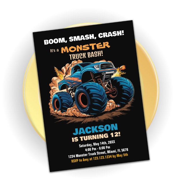 Blue Monster Truck Birthday Invitations Black (Blue Monster Truck Birthday Invitations Black)