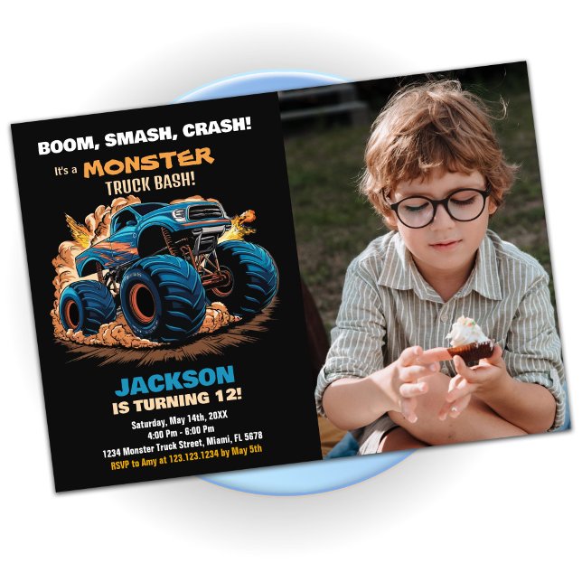 Blue Monster Truck Birthday Invitations Photo (Blue Monster Truck Birthday Invitations Photo)