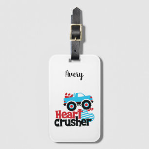 Blue Monster Truck Heart Crusher Valentine Luggage Tag
