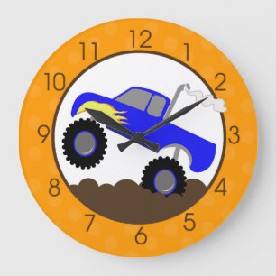 Blue Monster Truck Wall Clock with Orange/Browns