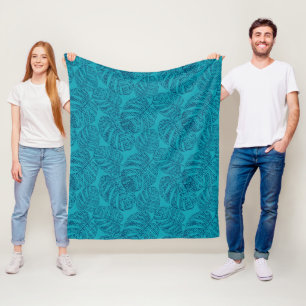 Blue monstera leaves . fleece blanket