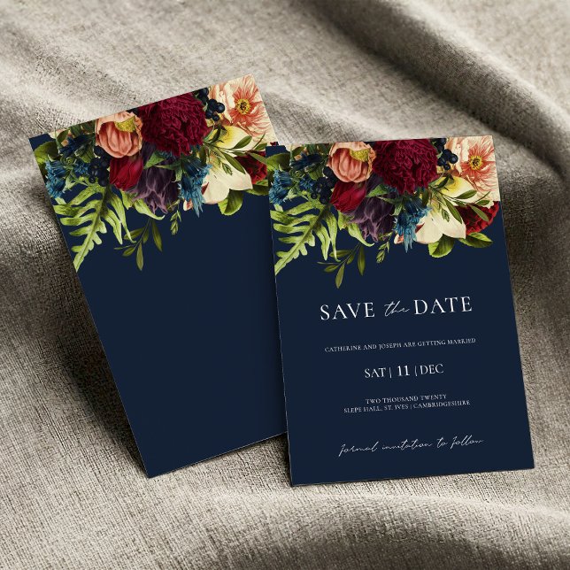 Blue Moody Floral Burgundy Wedding Save the Date Invitation (Creator Uploaded)
