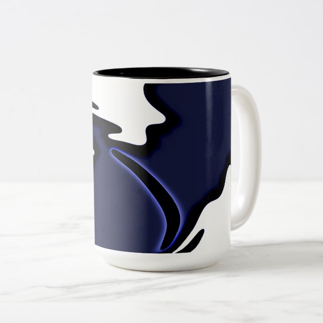Blue Moon: Abstract Blue, White & Black Two-Tone Coffee Mug (Front Right)
