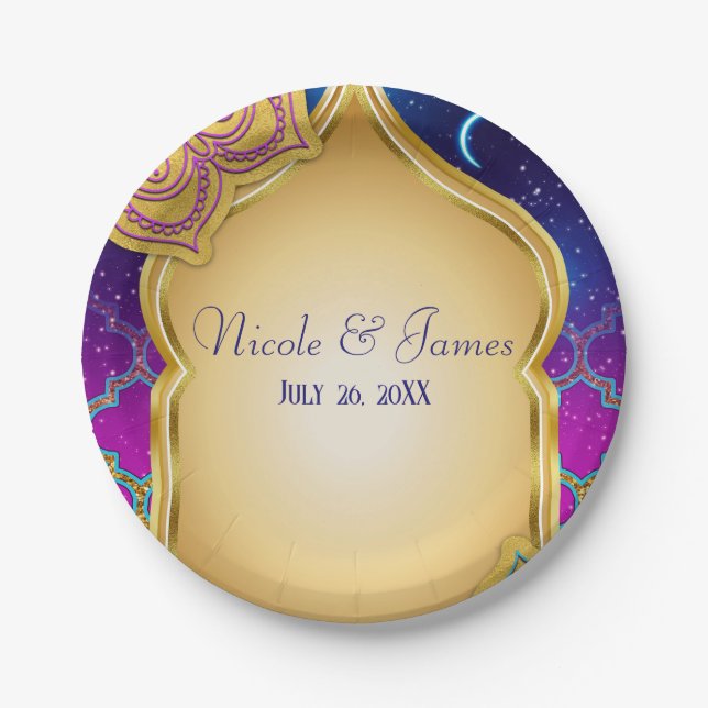 Blue Moon Arabian Nights Glam Gold Purple Wedding Paper Plate (Front)