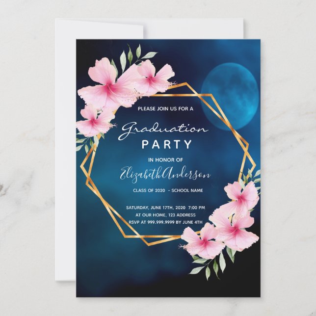Blue moon floral graduation party invitation (Front)