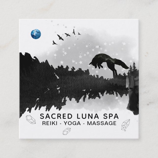 *~* Blue Moon Fox Leaping Pine Tree Cosmic Square Business Card (Front)
