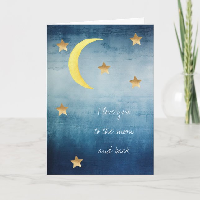 Blue Moon Gold Stars I love you to the moon & back Card (Front)