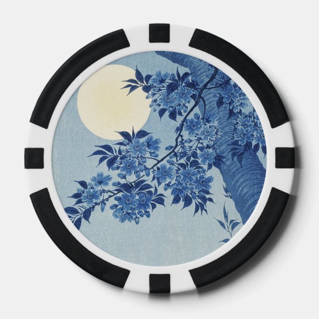 Blue Moonlit Blossom Tree Under the Night Sky Poker Chips (Front)