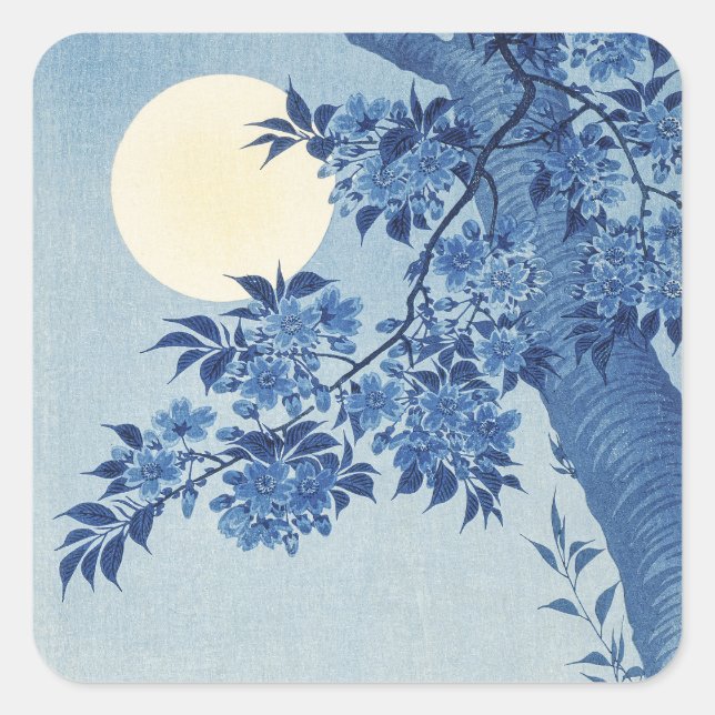 Blue Moonlit Blossom Tree Under the Night Sky Square Sticker (Front)