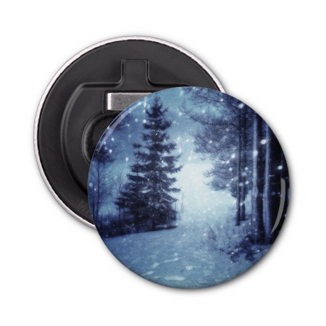 Blue Moonlit Magical Forest Winter Scene Bottle Opener (Front)