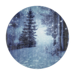Blue Moonlit Magical Forest Winter Scene Cutting Board