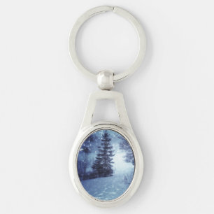 Blue Moonlit Magical Forest Winter Scene Key Ring
