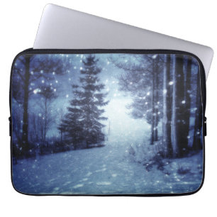 Blue Moonlit Magical Forest Winter Scene Laptop Sleeve
