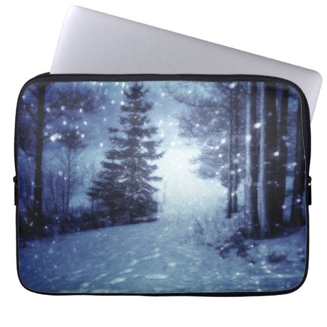 Blue Moonlit Magical Forest Winter Scene Laptop Sleeve (Front)