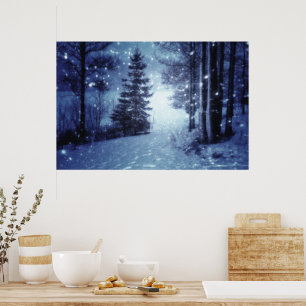Blue Moonlit Magical Forest Winter Scene Poster